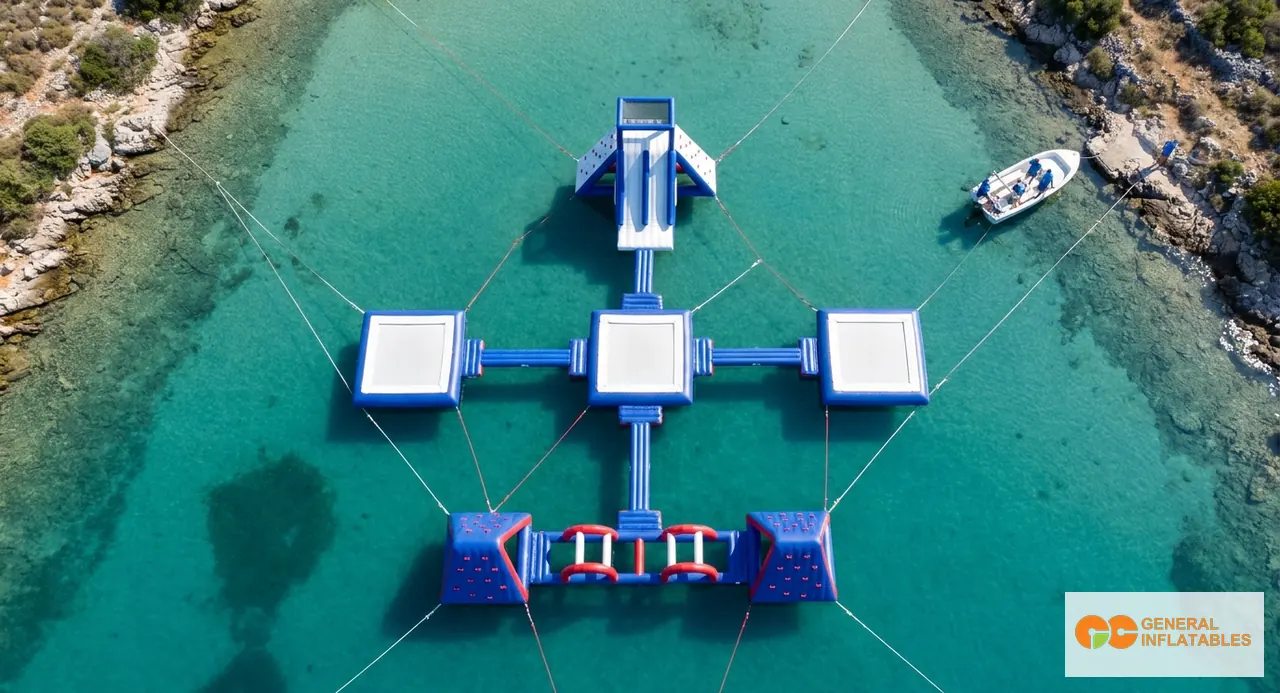 Vista aérea de un parque acuático inflable modular mostrando grupos de módulos diferenciados en una bahía protegida