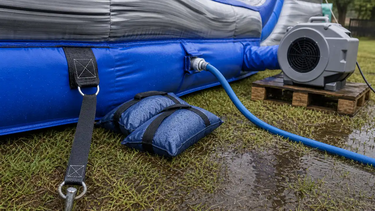 Instalación y puesta en servicio de toboganes acuáticos inflables: agua, drenaje y anclaje en mojado