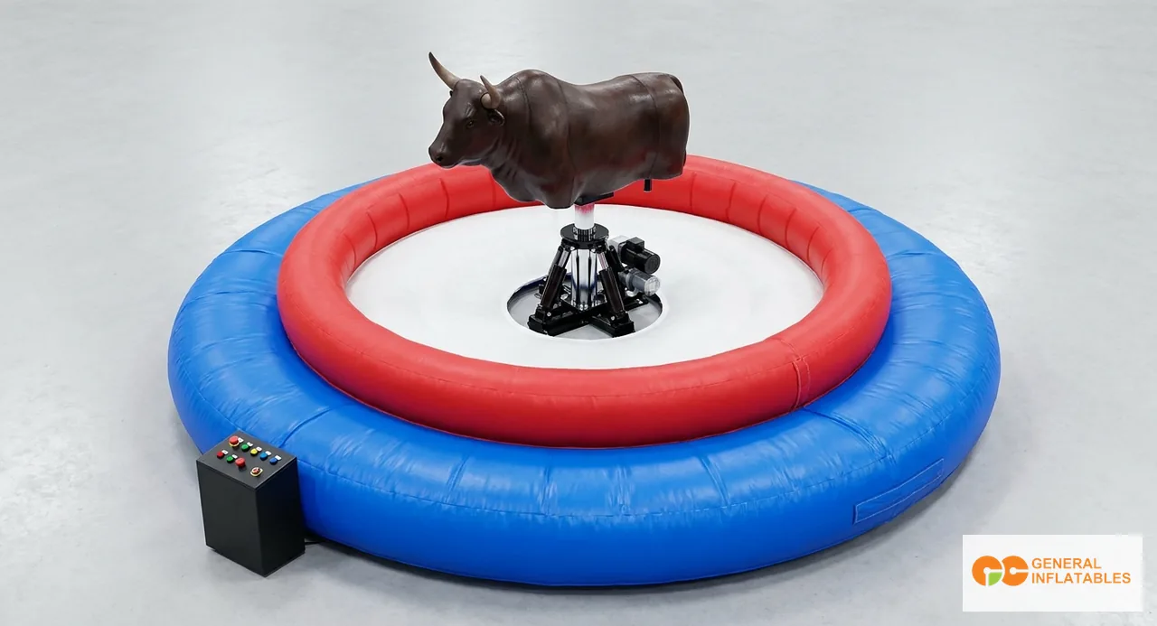 Atracción de toro mecánico inflable en un festival mostrando el cuerpo del toro sobre una base hidráulica en el centro de una colchoneta circular acolchada con paredes laterales elevadas