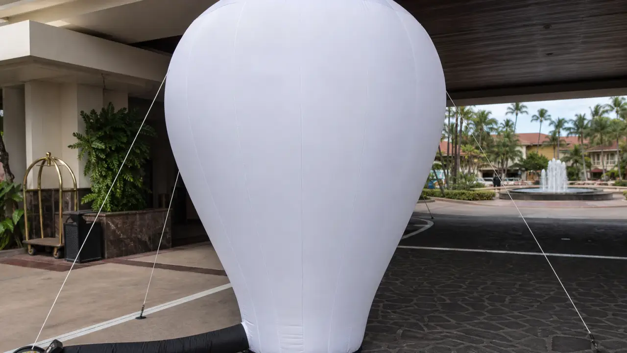 Arco inflable y globo de aire frío en la entrada de un comercio minorista