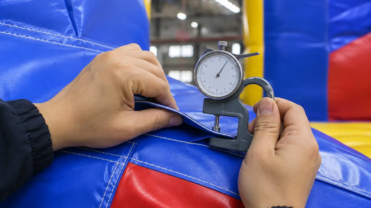 Inspeccionando la calidad de las costuras de PVC de un castillo inflable con un medidor de espesor