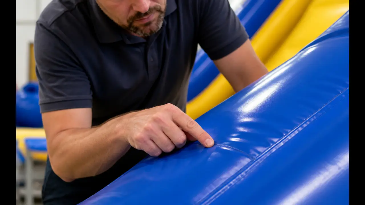 Inspección de calidad de la costura de un tobogán acuático inflable durante la producción OEM