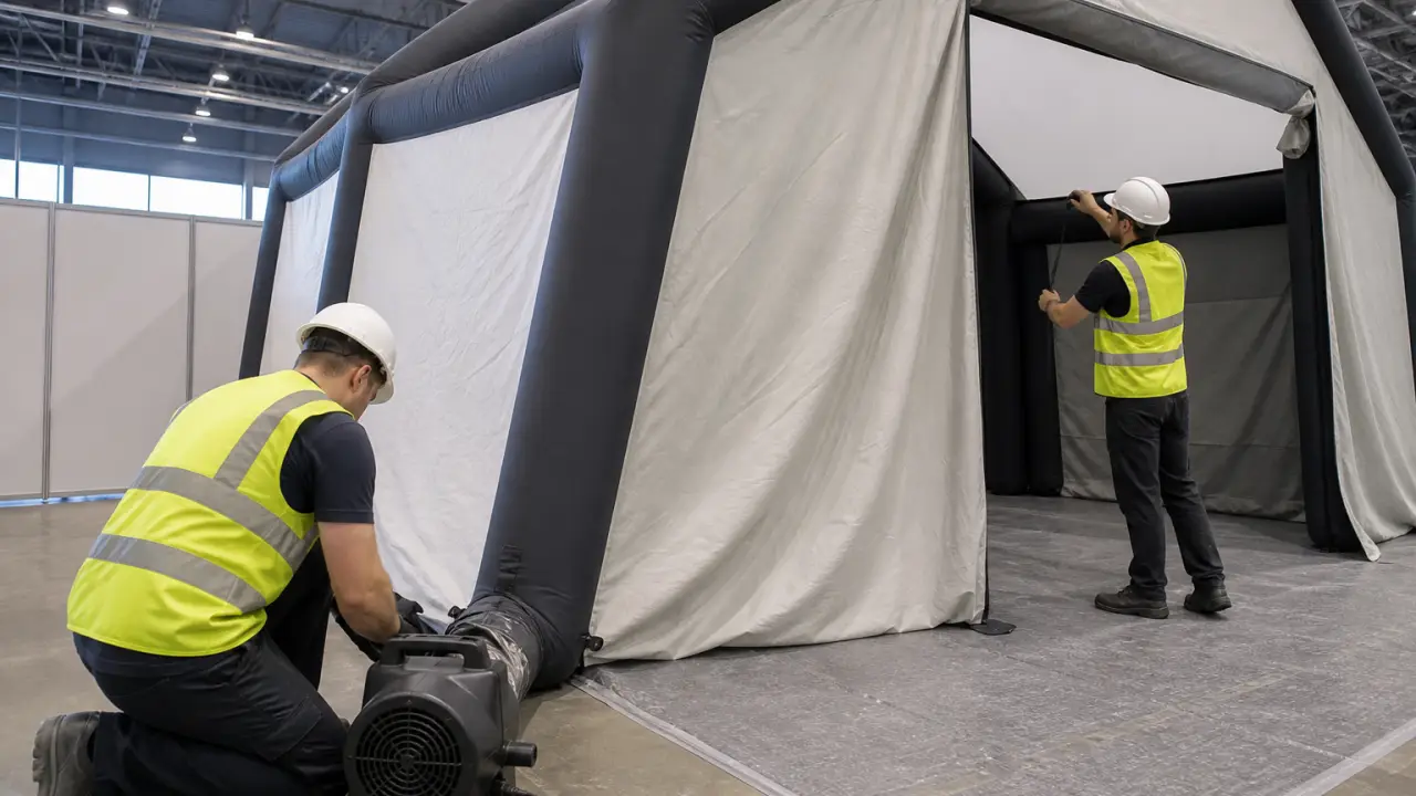 Carpa de eventos inflable instalada en un pabellón de feria comercial alemana