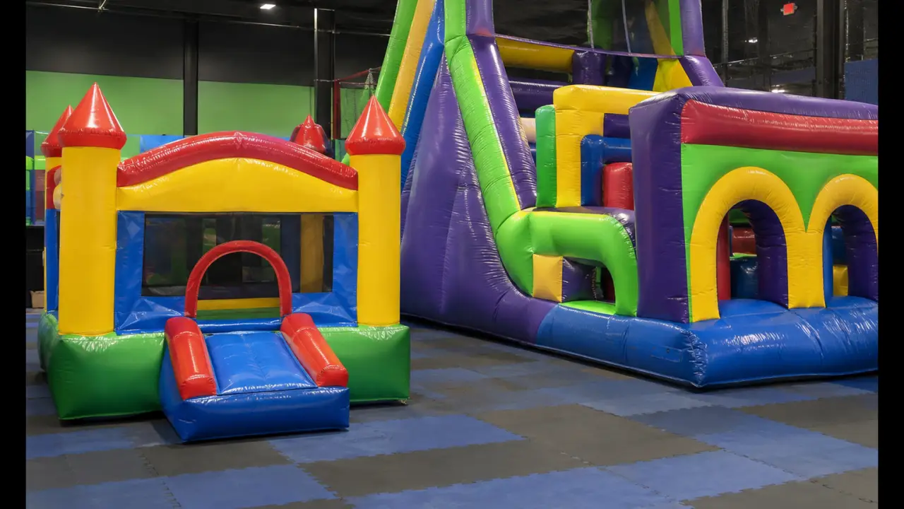 Castillo inflable para niños pequeños junto a una pista de obstáculos más alta dentro de un centro de entretenimiento familiar