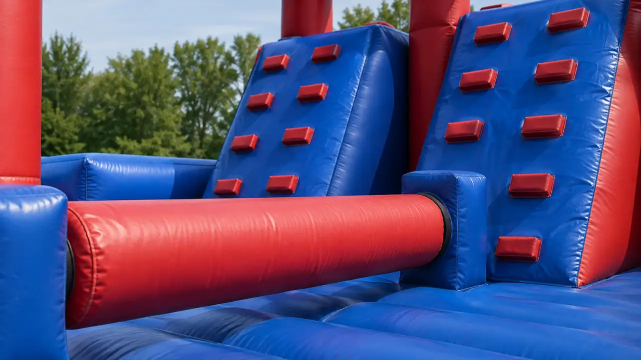 Estaciones de tronco rodante y pared de escalada inclinada en una pista ninja warrior inflable