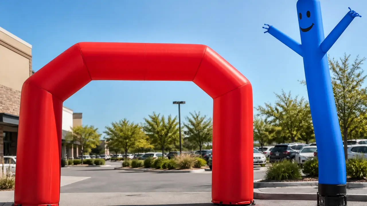 Arco inflable y air dancer posicionados en la entrada del estacionamiento de una tienda minorista