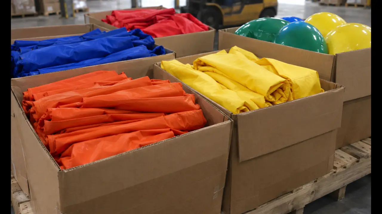 Inflables publicitarios plegados empacados en cajas en un almacén de distribución