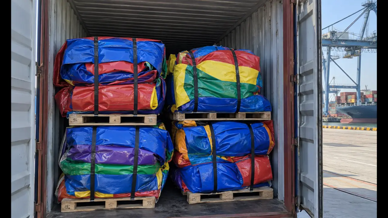 Inflables comerciales plegados embalados en palés dentro de un contenedor de envío en un puerto