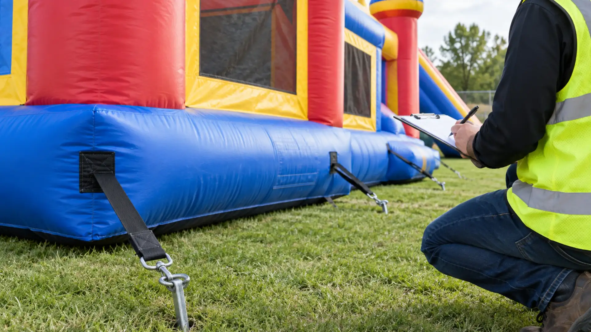 primer plano de un punto de anclaje de un inflable comercial asegurado con una estaca y una cuerda