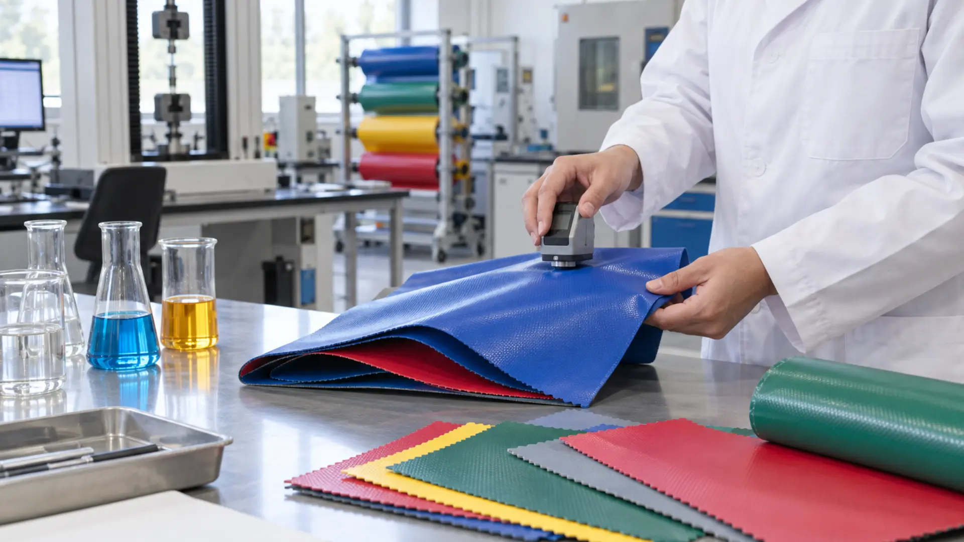 técnico de laboratorio probando muestras de tela de PVC para el cumplimiento químico