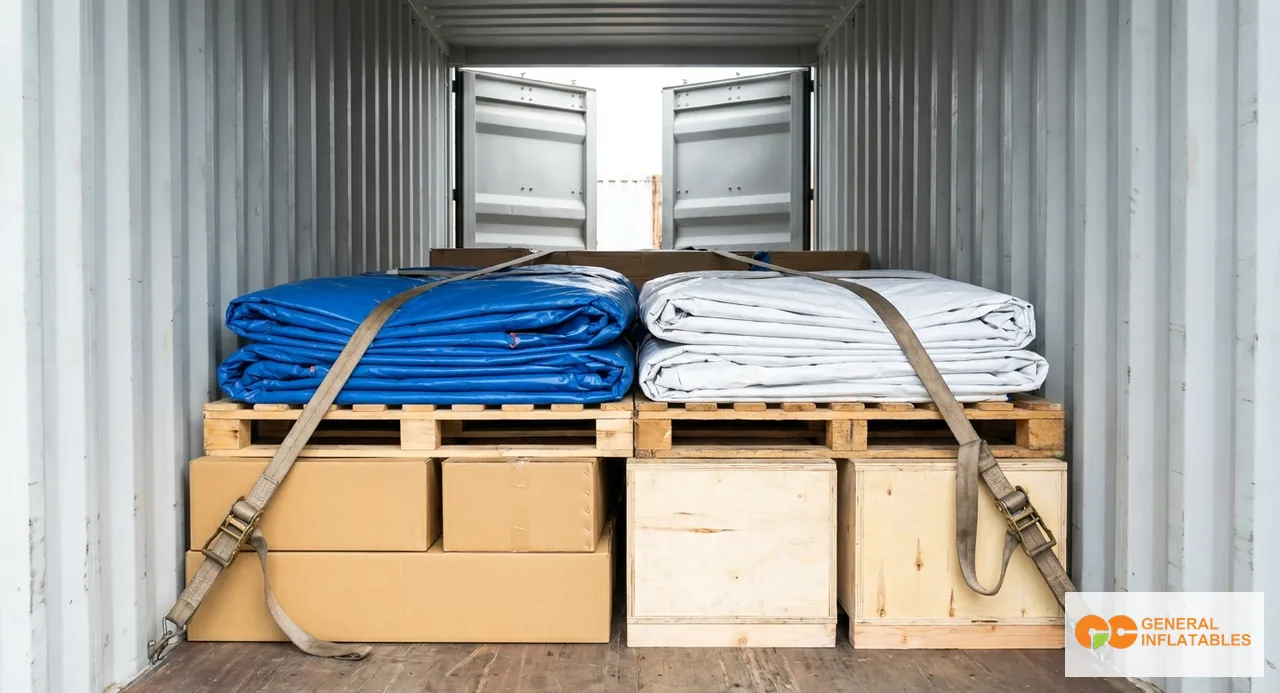 Vista interior de un contenedor marítimo 40ft HQ parcialmente cargado con inflables comerciales plegados apilados sobre palés con cajas de sopladores y kits de anclaje en el suelo