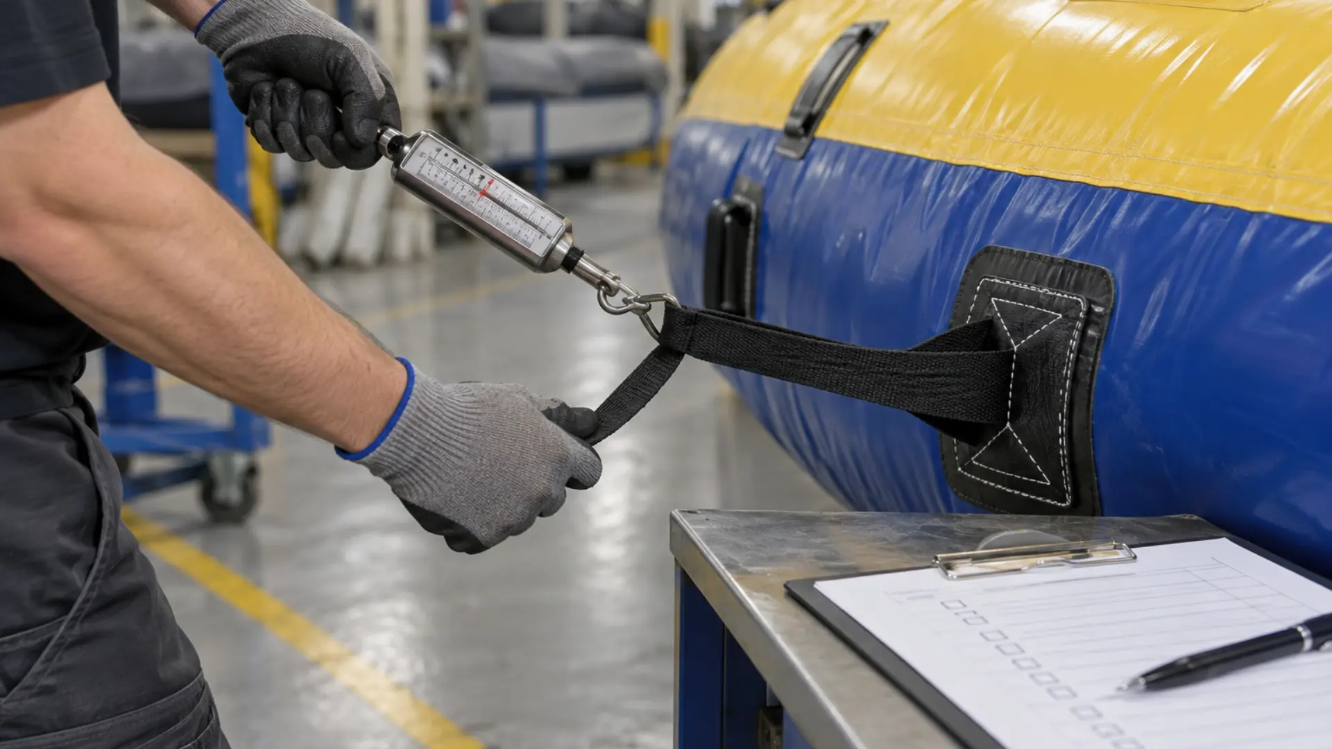 close-up of technician pull-testing an inflatable anchor point loop in a factory QC area