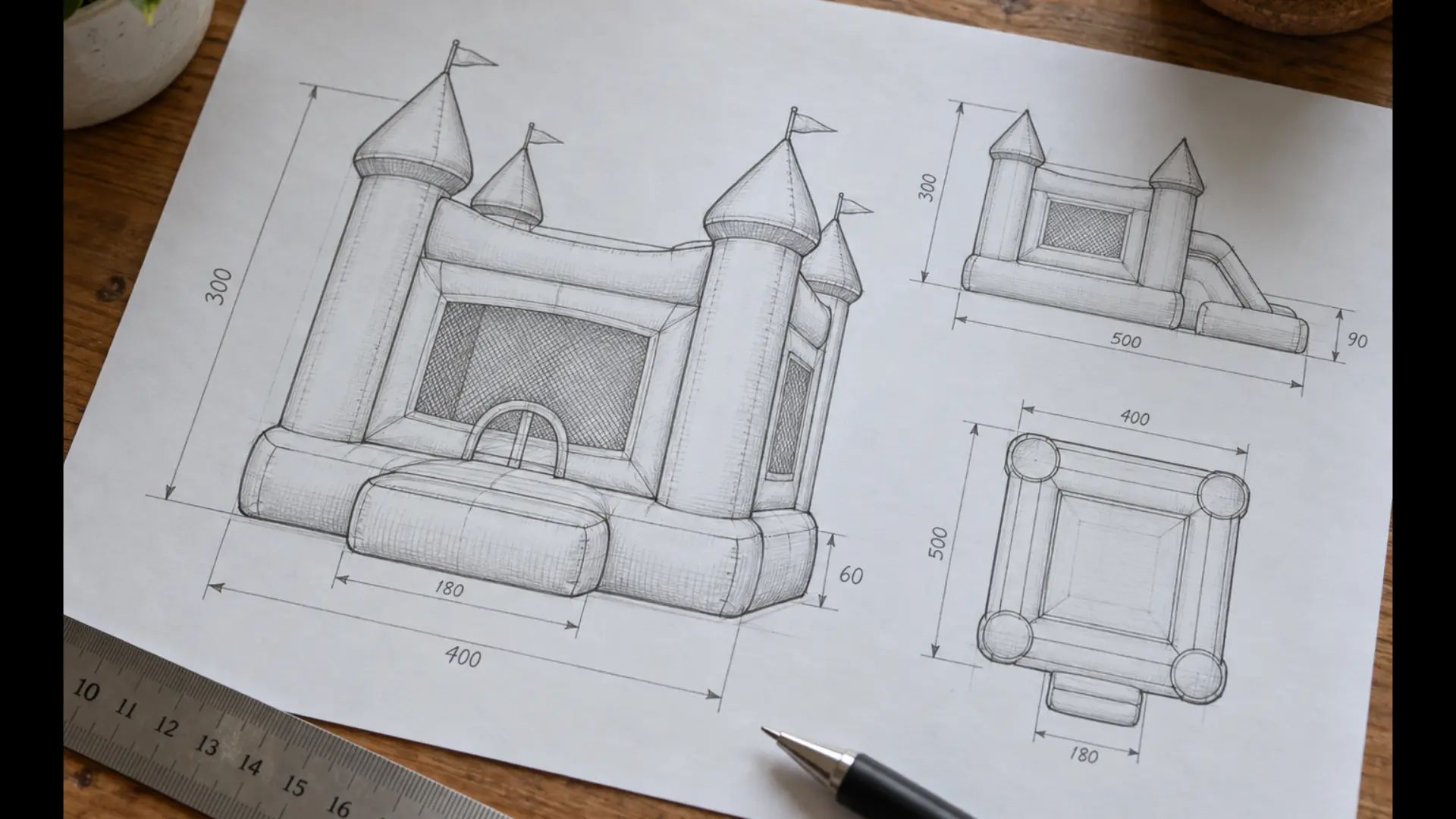 primer plano de una hoja de especificaciones de un hinchable impreso con dimensiones y dibujos sobre un escritorio