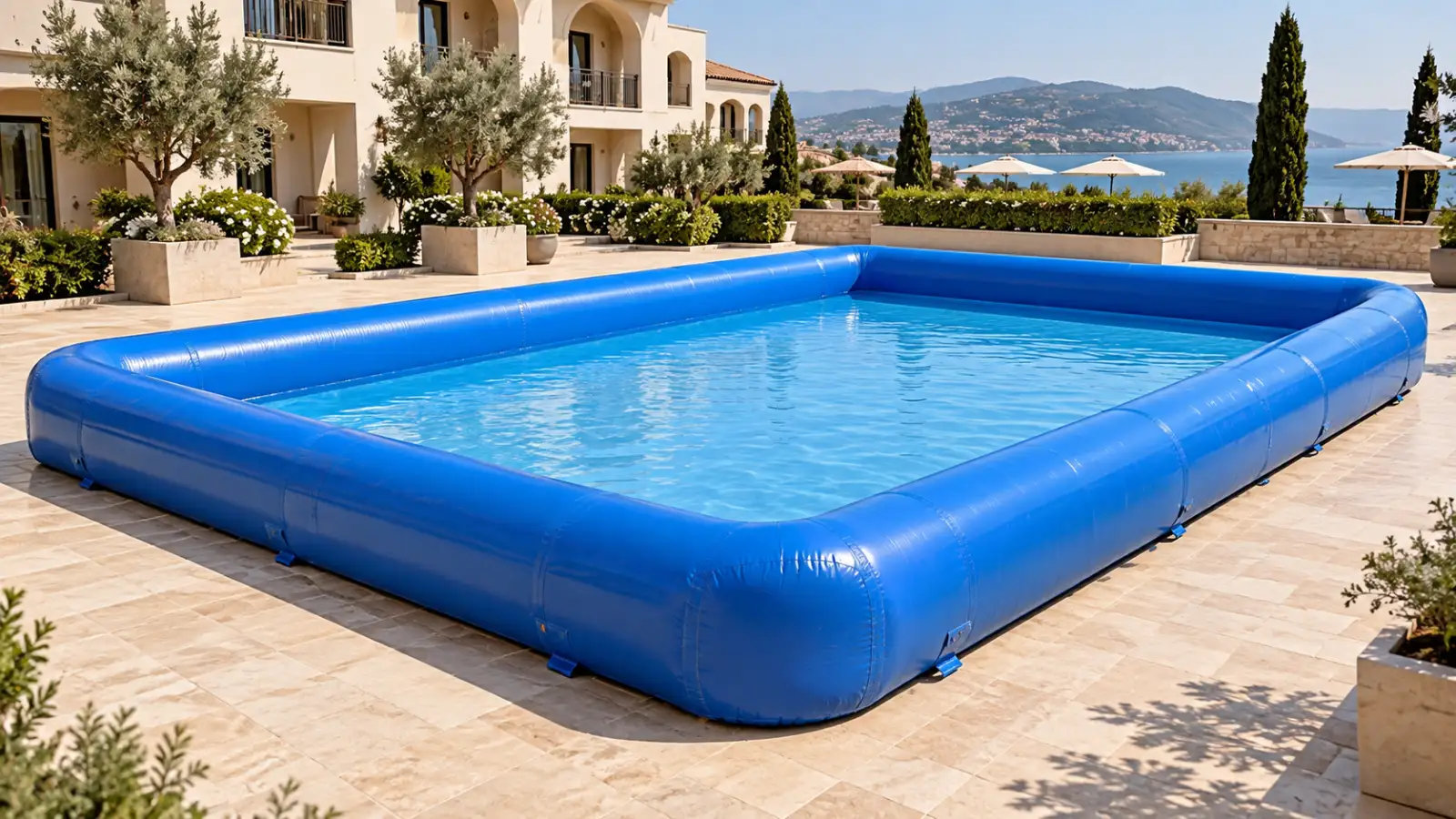 Blue rectangular commercial inflatable pool in a hotel courtyard