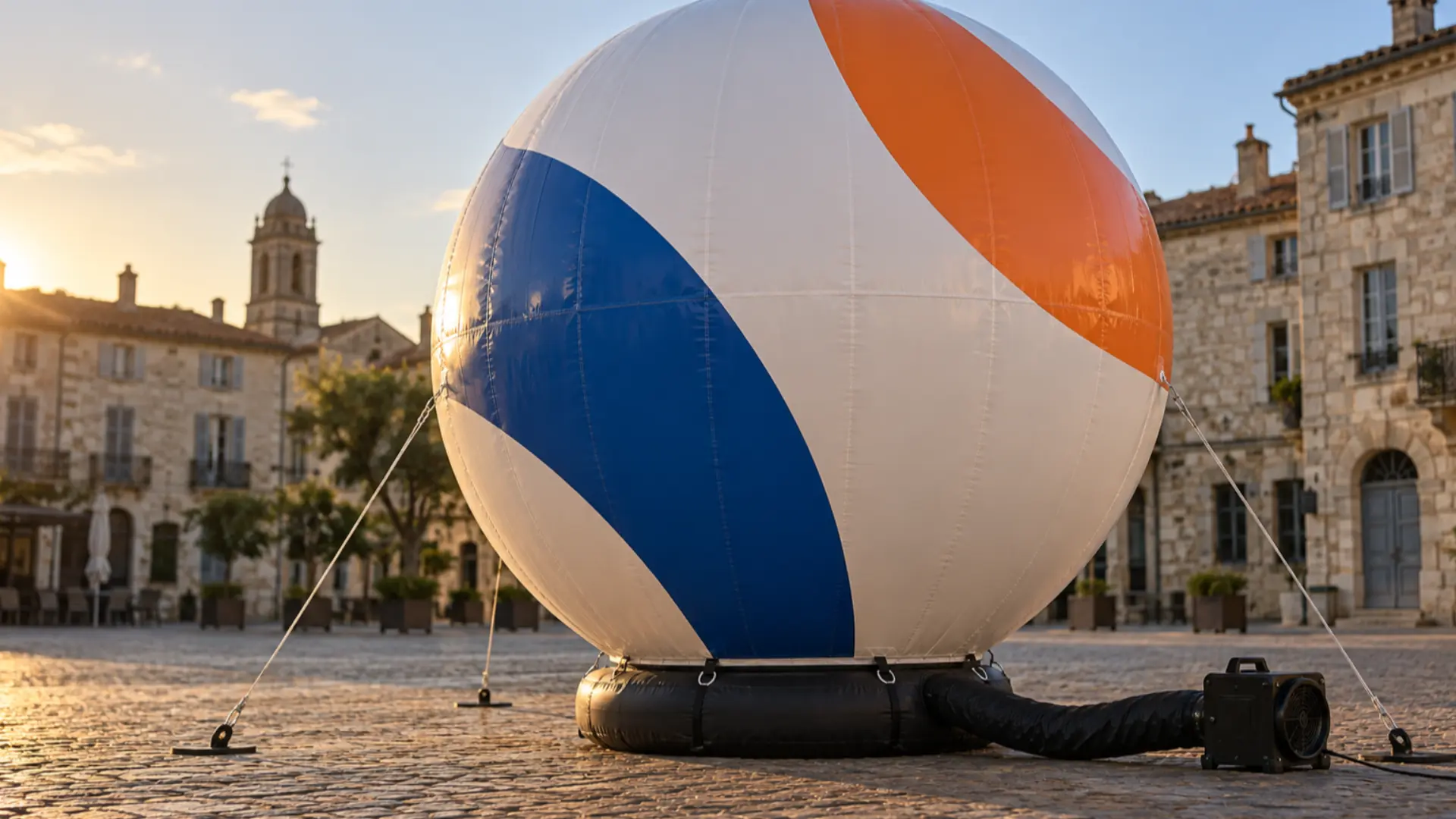 large cold-air advertising balloon with abstract printed branding tethered on a French town square