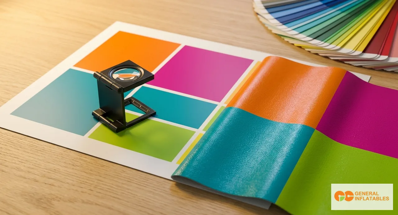 Gerente de proyecto de fábrica sosteniendo un PDF Digital Proof impreso junto a una Pre-Production Sample de un panel de inflable comercial personalizado brandeado, comparando la coincidencia de color a la luz natural del día