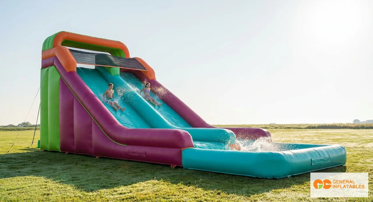 Vista lateral de un tobogán inflable comercial de doble carril desplegado sobre césped, aproximadamente 10 metros de altura, dos carriles deslizantes paralelos en azul y blanco con ribete rojo, dos usuarios a media bajada para escala