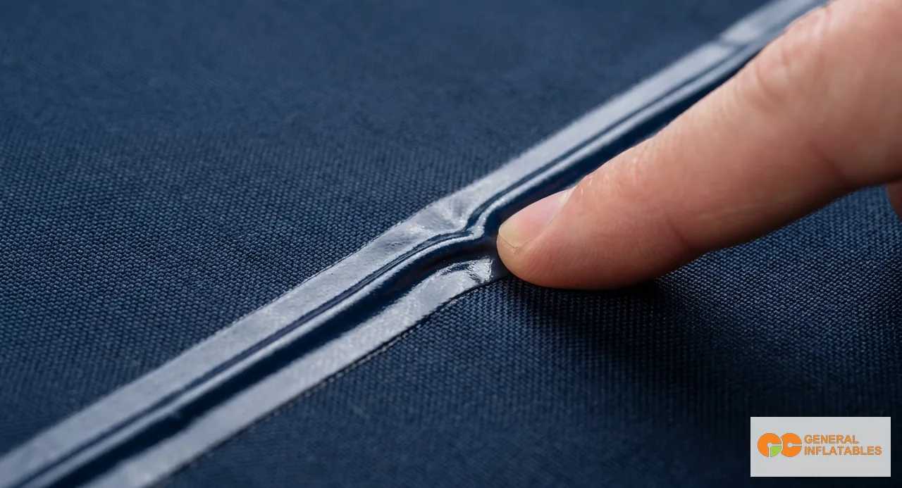 Primer plano macro mostrando una costura de PVC soldada limpia en la mitad izquierda del cuadro frente a una costura cosida con filas paralelas de hilo visibles en la mitad derecha, ambas muestras en la misma tela PVC azul para comparación