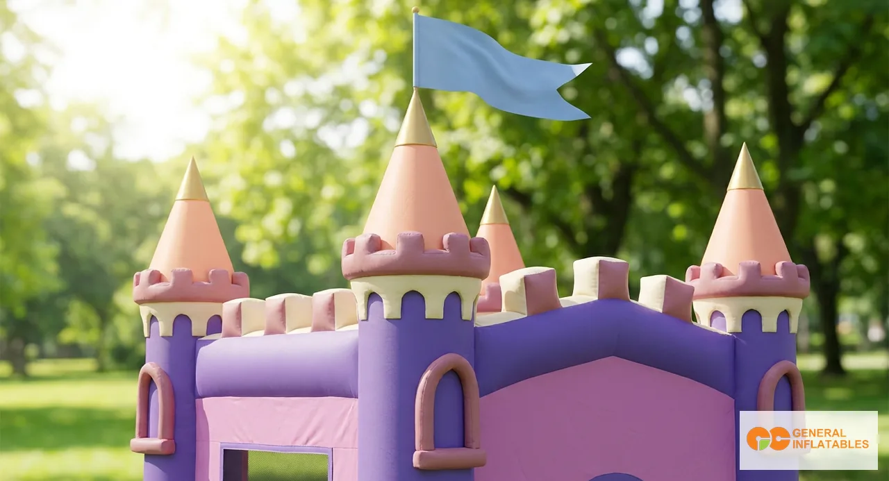 Dos castillos hinchables comerciales temáticos lado a lado en un evento familiar — un castillo princesa con torretas rosas y paredes arqueadas a la izquierda, un castillo barco pirata con mástil y elementos de vela a la derecha