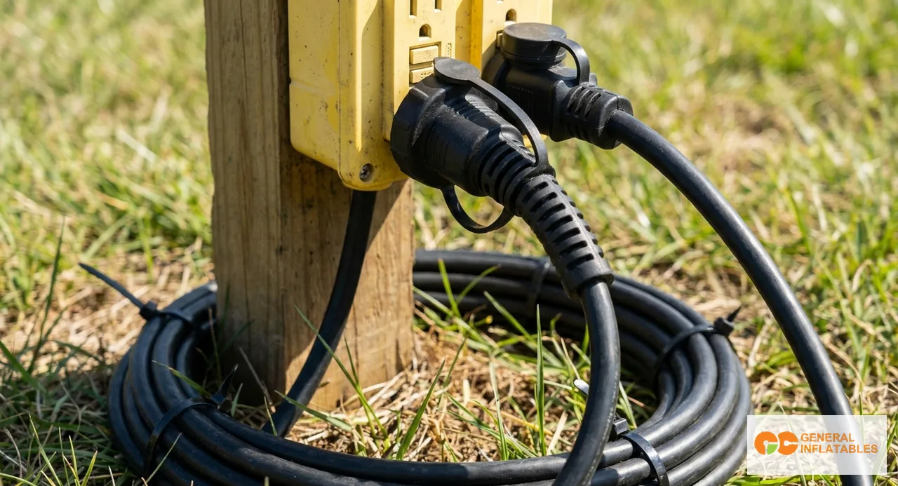 Centro de distribución eléctrica para evento al aire libre que muestra un generador comercial conectado a varios cables alargadores naranjas gruesos que conducen a los sopladores de castillos hinchables cercanos, con un medidor de monitorización de energía visible en el panel del generador