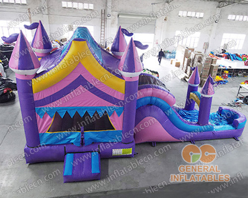 GWC-086 Castillo inflable combinado de color morado y rosa con tobogán húmedo/seco